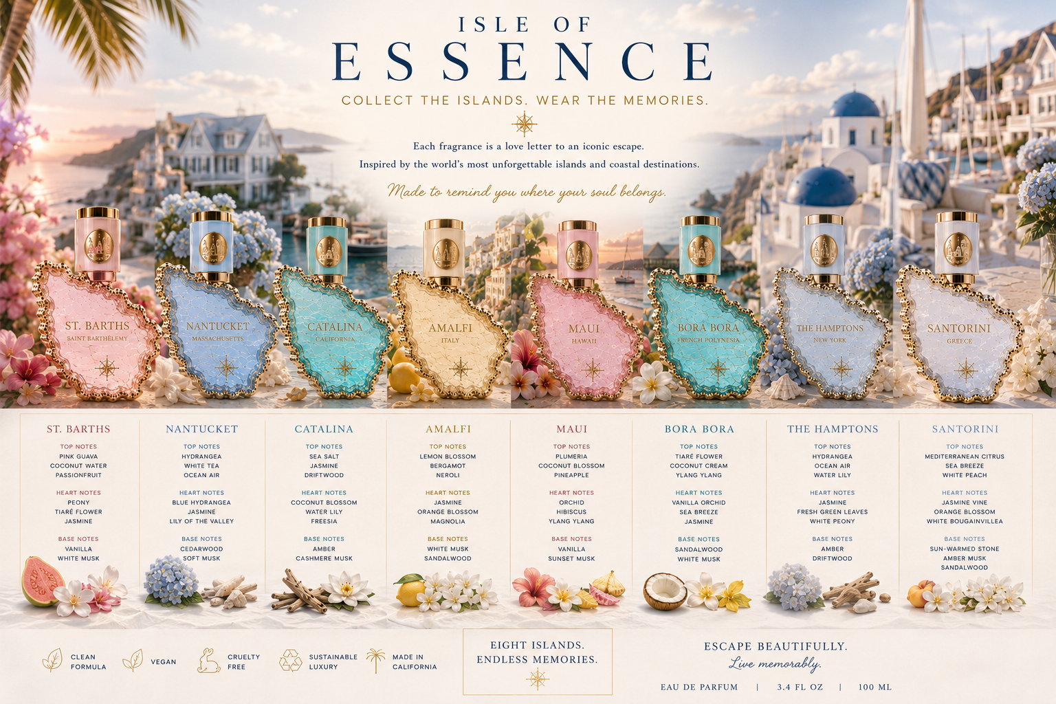The Isle of Essence collection of island-shaped perfume bottles glowing in golden light