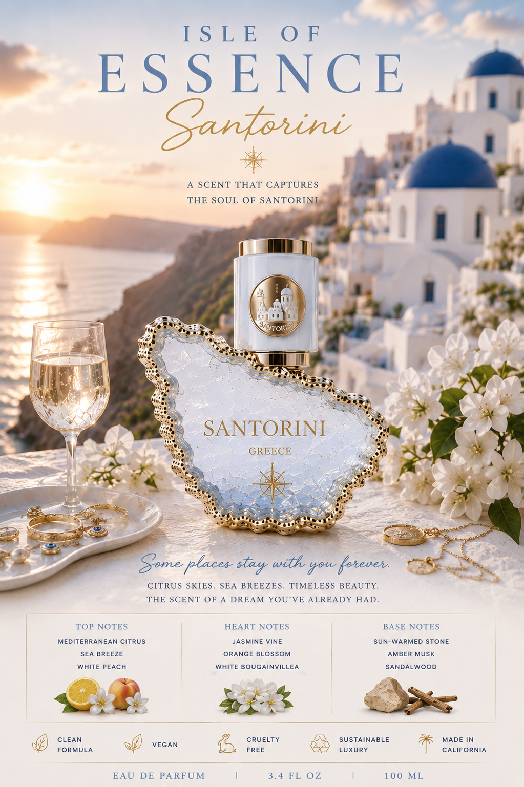Santorini-inspired fragrance styled among white Mediterranean architecture